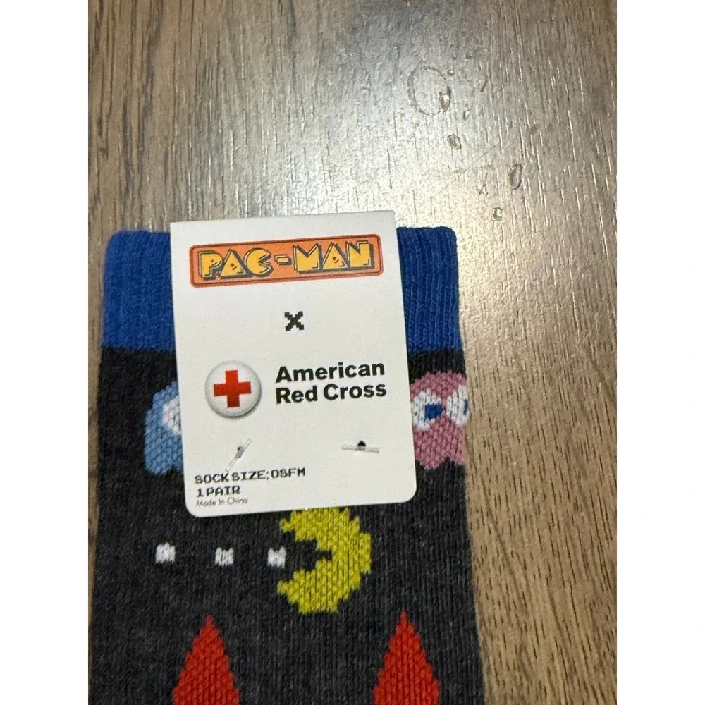 Pac-Man American Red Cross Socks Unisex OSFM Gray Adult Retro Video Game NWT